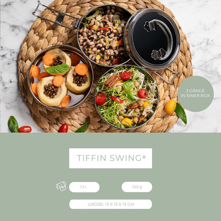 ECO Brotbox | Tiffin Swing | runde Lunchbox aus Edelstahl mit 3 Lagen, auslaufsicher | 1200 ml
