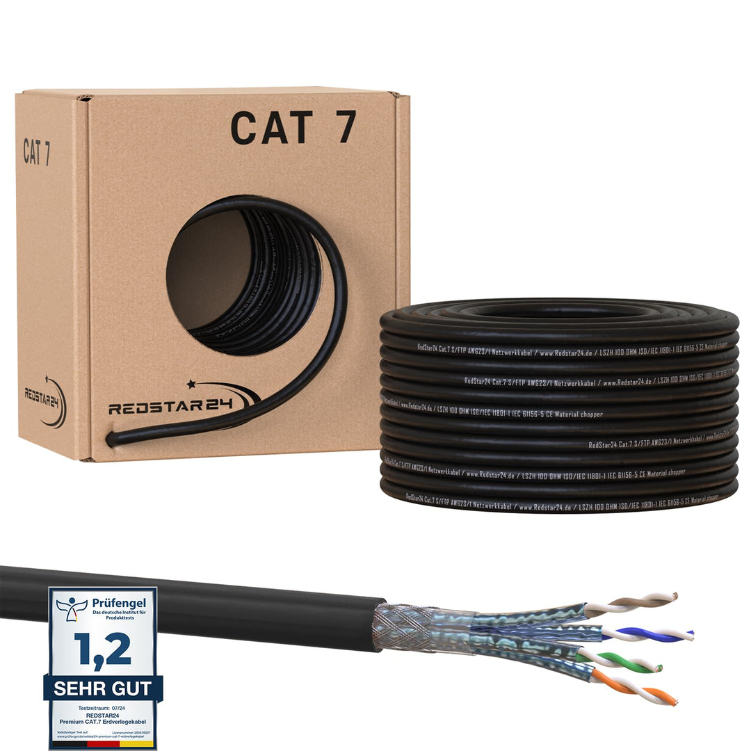 RedStar24 50m Cat7 Erdkabel Verlegekabel Outdoor Lan Kabel Installationskabel Schwarz AWG23/1 CAT 7