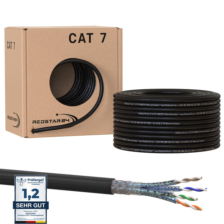 RedStar24 50m Cat7 Erdkabel Verlegekabel Outdoor Lan Kabel Installationskabel Schwarz AWG23/1 CAT 7