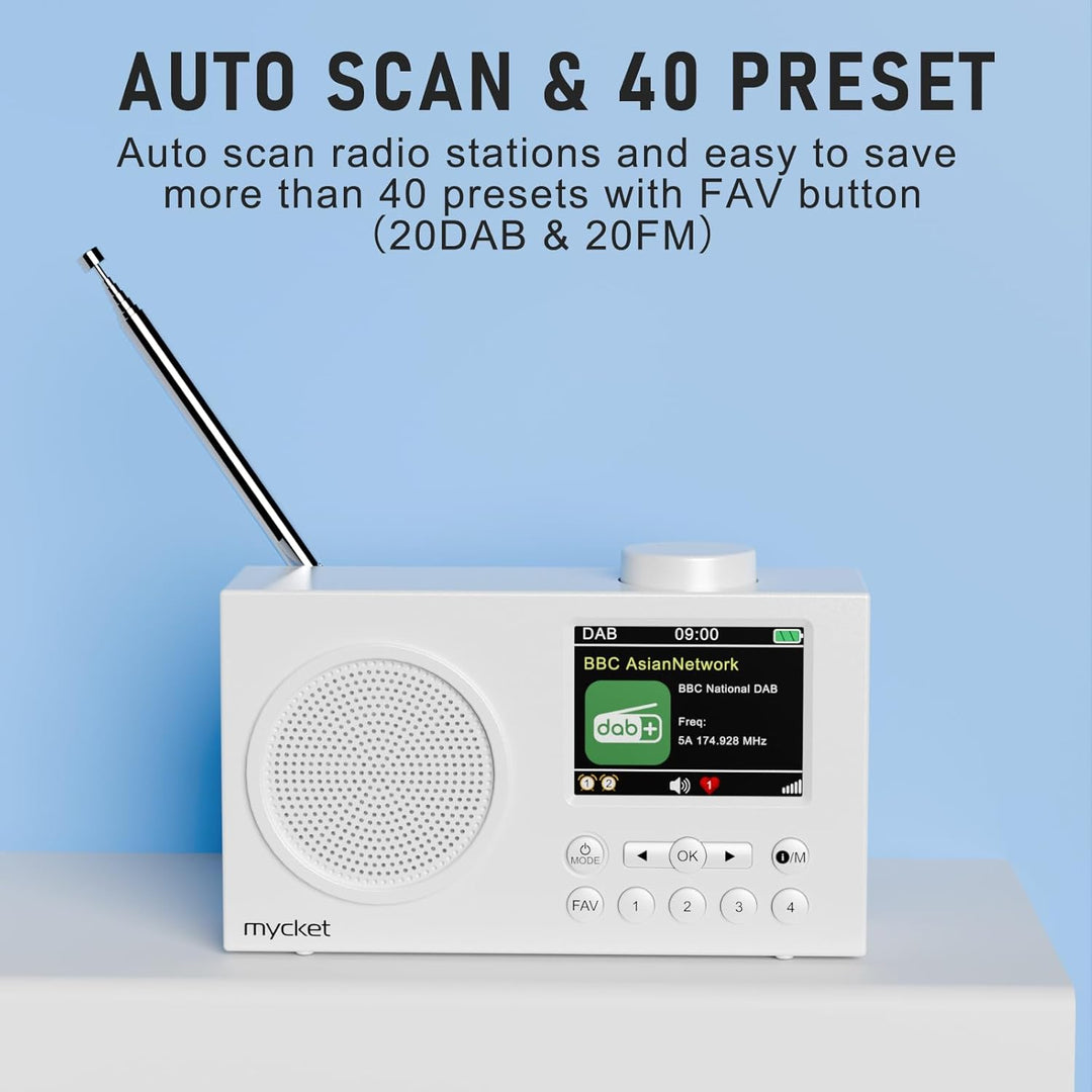 Mycket Portable DAB/DAB+ Radio, FM Digital Radios with Bluetooth, Small Rechargeable Radio, 2.4 Inch