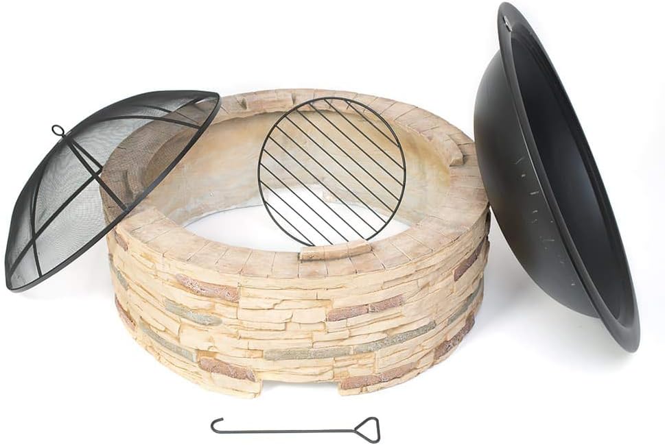 Westmann Feuerstelle Aluminium | Feuerschale mit Funkenschutzhaube | Garten Feuerkorb Steinoptik Bra