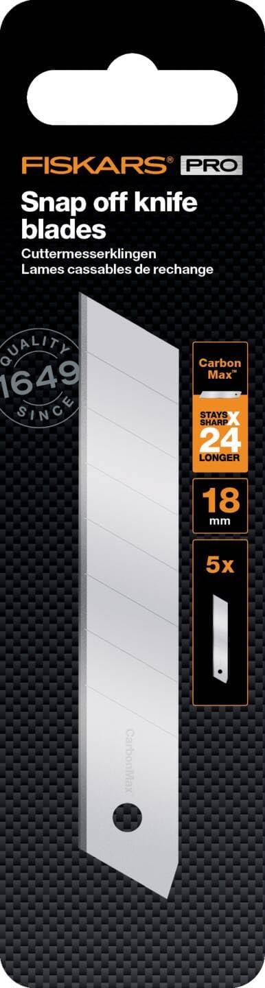 Fiskars Abbrechklingen, Für Fiskars Cuttermesser, 18mm, Rostfreier Stahl, 5er Pack, CarbonMax, 10272