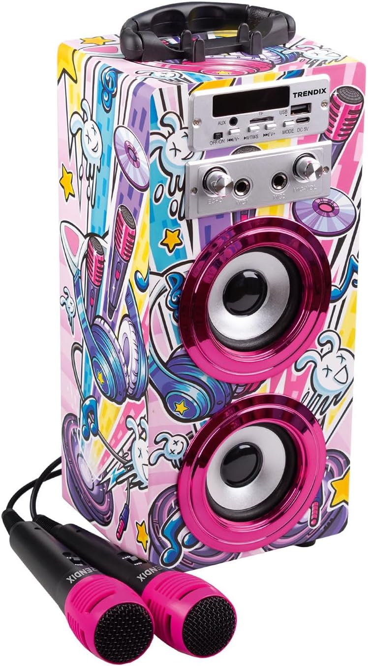 TRENDIX - Karaoke Maschine Kinder | Rosa Karaoke Anlage | Karaoke Anlage mit 2 Mikrofonen, Radio FM,