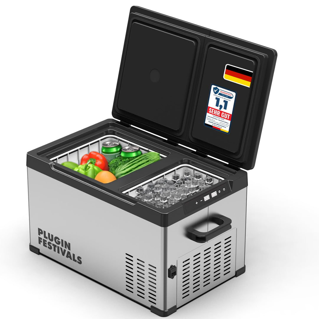 PLUG IN FESTIVALS elektrische Kühlbox - 2 Fächer Kompressor Kühlbox 12v 230v - bis -20 Grad & App-St