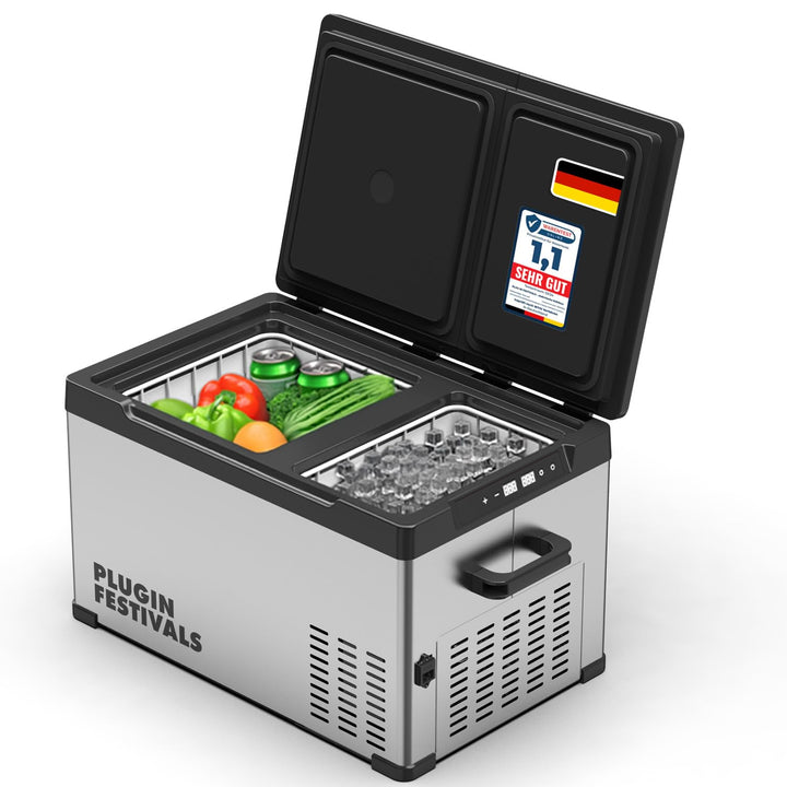 PLUG IN FESTIVALS elektrische Kühlbox - 2 Fächer Kompressor Kühlbox 12v 230v - bis -20 Grad & App-St