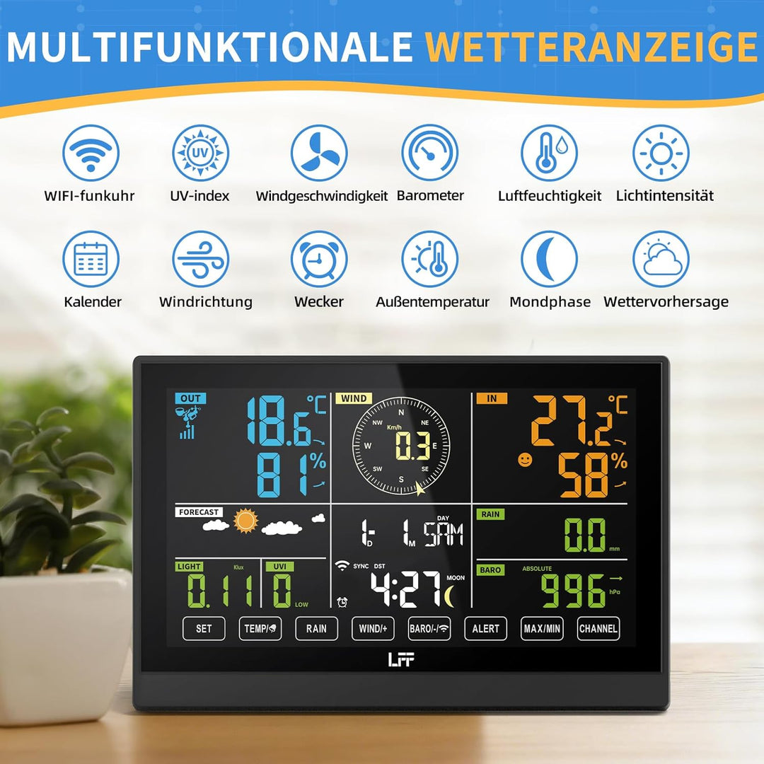 LFF WLAN 7-In-1 Wetterstation Funk mit Aussensensor, 7,5 Zoll Display,Wetterstation mit Smart Life-A