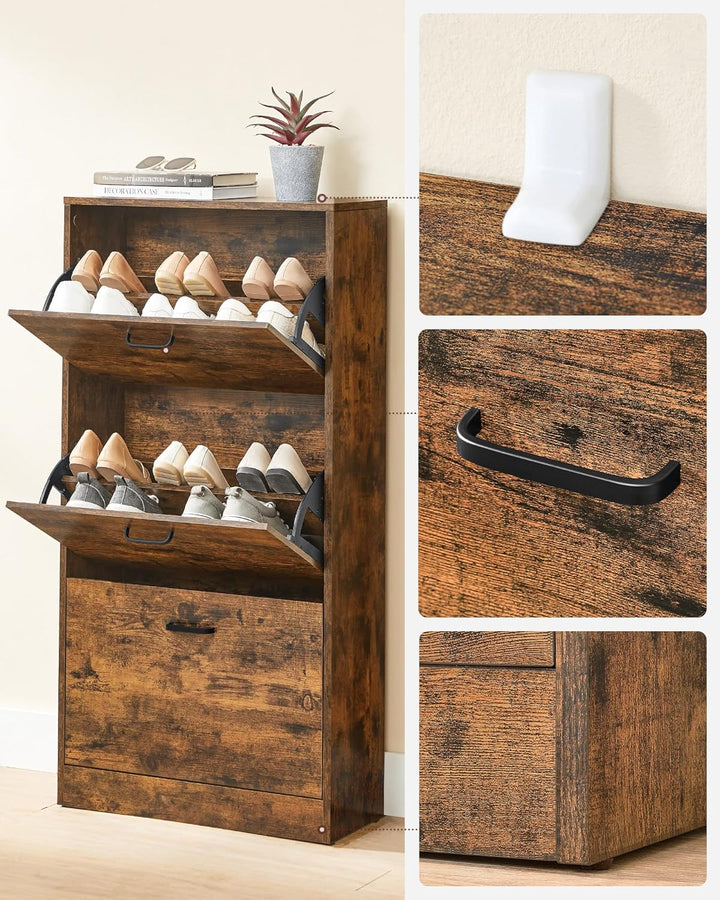 VASAGLE Schuhschrank mit 3 Klappen, Schuhregal mit 3 Ebenen, Aufbewahrungsschrank, perfekt für schma