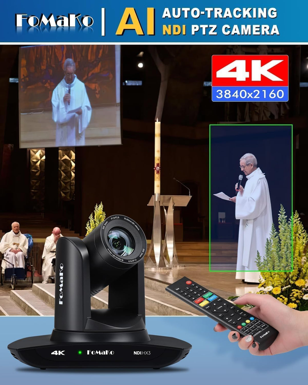 FoMaKo 4K PTZ NDI Kamera Set mit NDI PTZ Controller, NDI HX3 KI-Tracking 20x Optischer Zoom, mit HDM