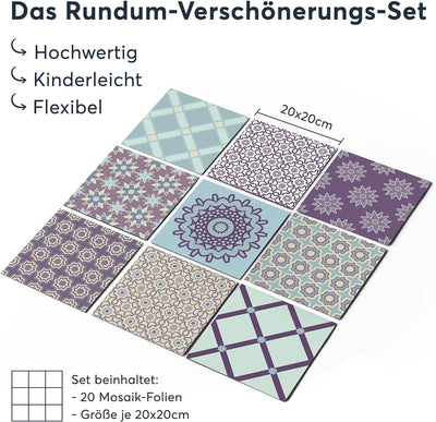 20 Stück Fliesenfolie für Bad und Küche 20x20 cm - Mosaikfliesen, Fliesensticker - selbstklebende Fl