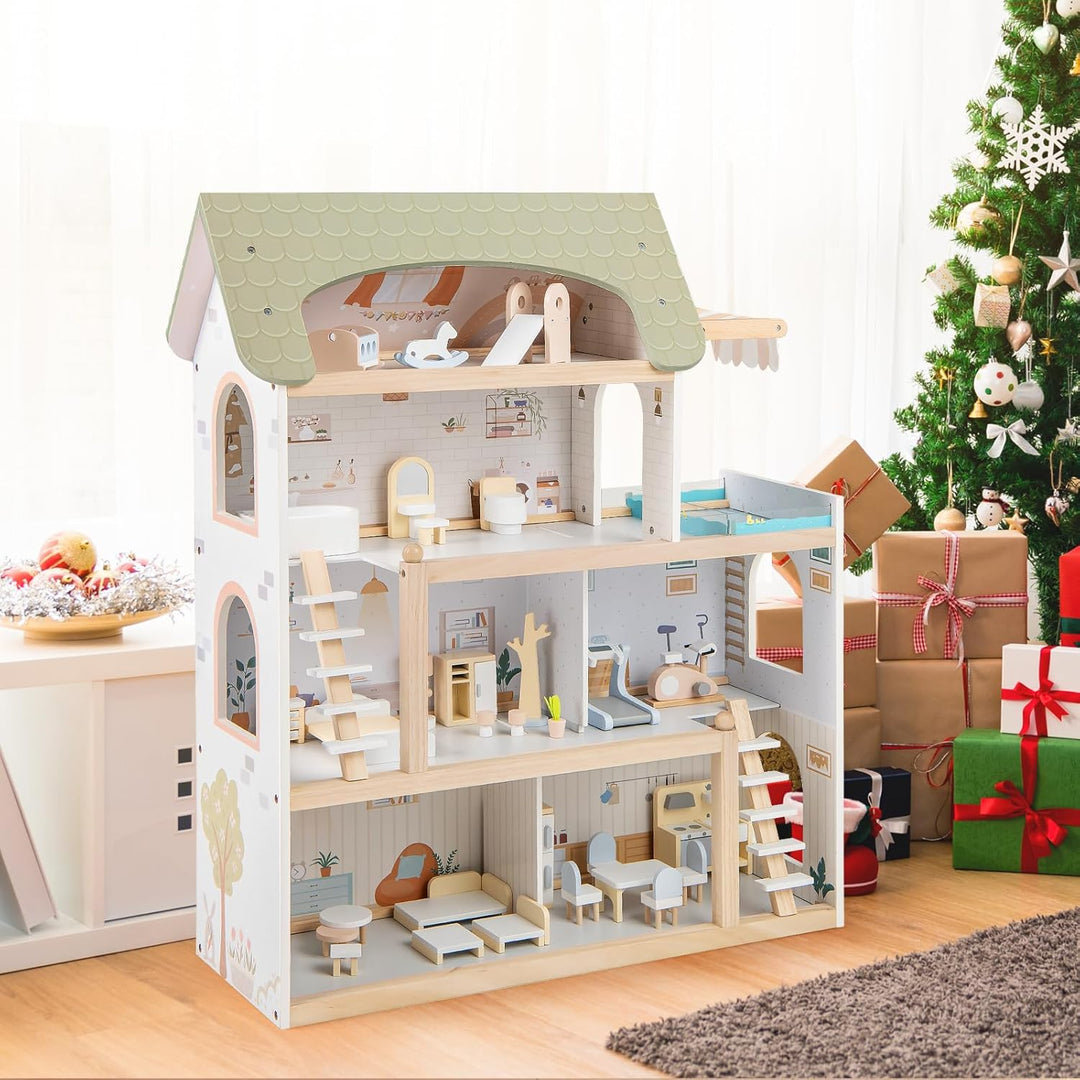 COSTWAY Puppenhaus Holz, Kinder Dollhouse mit 33 Möbelstücken, Puppenstube mit Balkon & Pool, Puppen