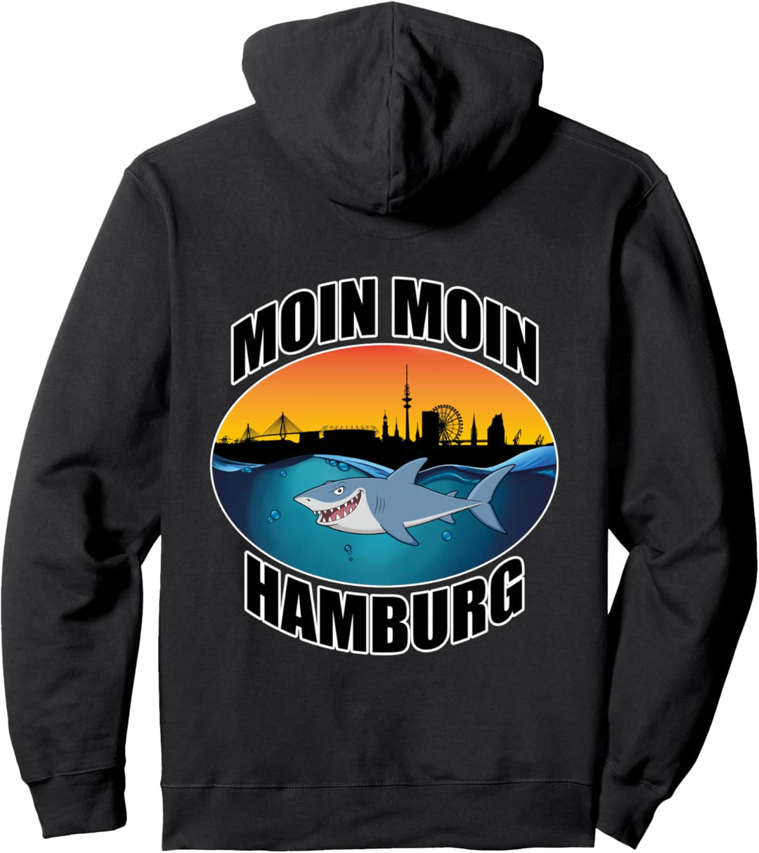 Moin Hamburg Hai Skyline Hafen Cartoon Pullover Hoodie
