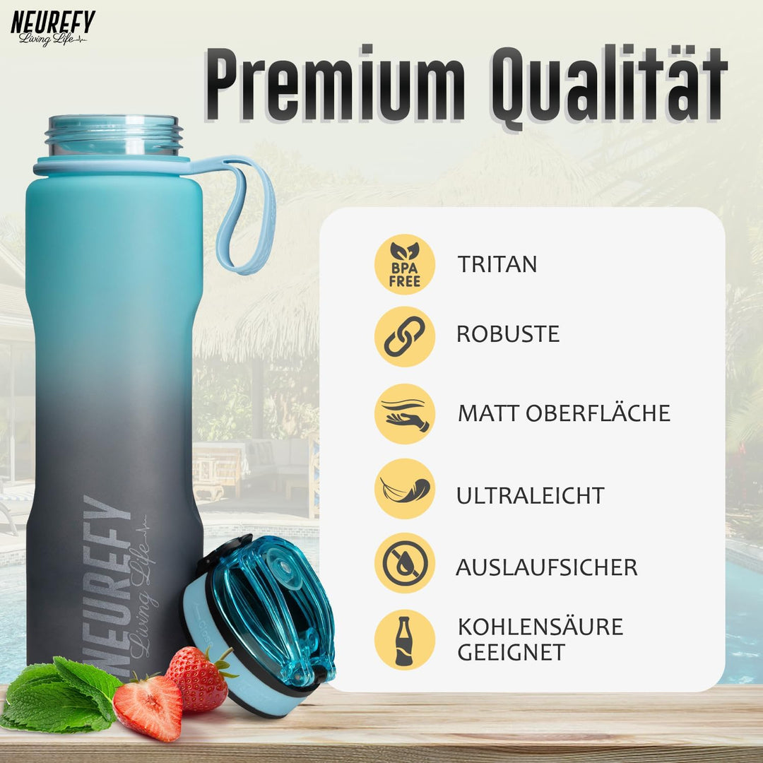 NEUREFY Trinkflasche 1L Tritan Himmelblau - Auslaufsicher, Grifffest, BPA-frei - Sportflasche mit An