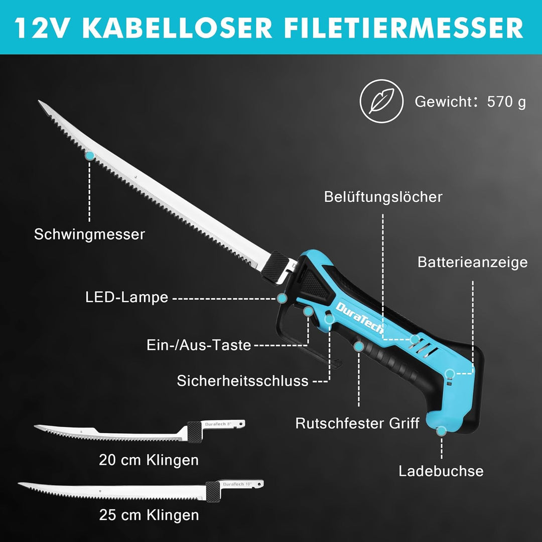 DURATECH 12V Kabelloses Elektrisches Fischmesser mit 20cm und 25cm Klingen, Elektrisches Messer mit