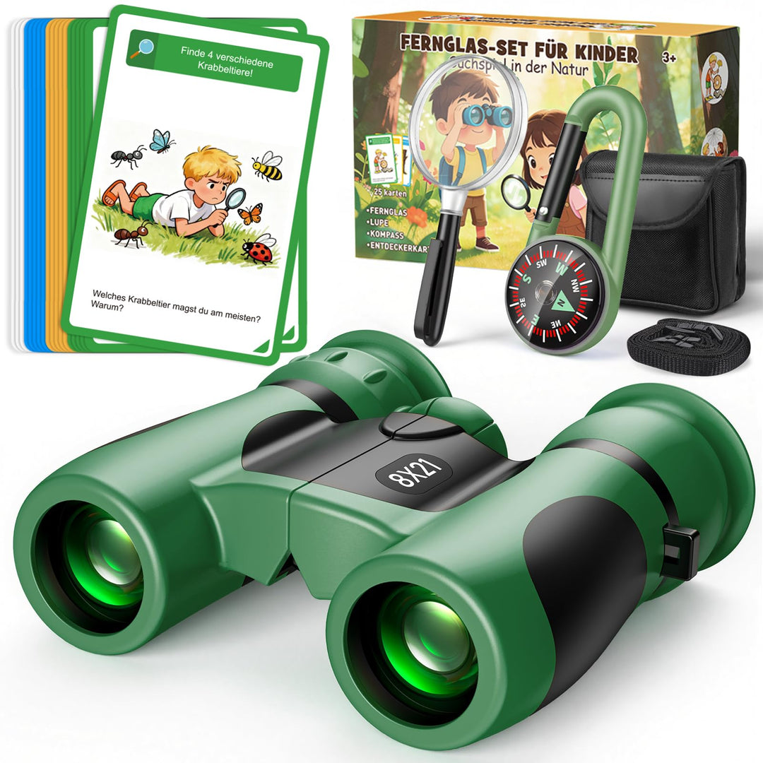 GeschenPark Fernglas Abenteuer Set mit Entdeckungskarten – Kompass – Lupe, Grün 8X-Grün, 8X-Grün
