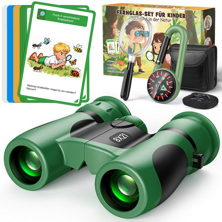 GeschenPark Fernglas Abenteuer Set mit Entdeckungskarten – Kompass – Lupe, Grün 8X-Grün, 8X-Grün