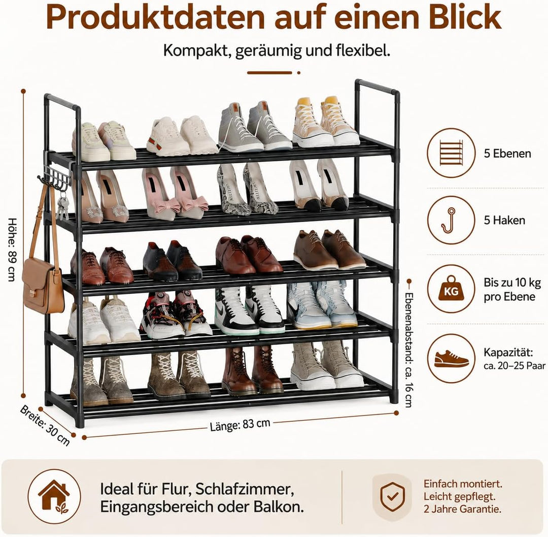 Schuhregal 5 Ebenen, Metall Schuhständer, Schuhaufbewahrung, Schuh-Organizer, platzsparend, aufrecht