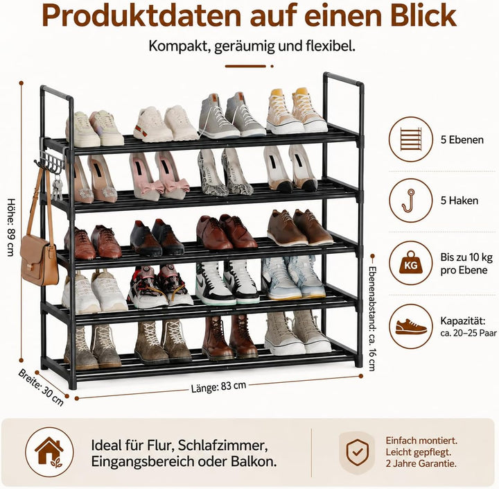 Schuhregal 5 Ebenen, Metall Schuhständer, Schuhaufbewahrung, Schuh-Organizer, platzsparend, aufrecht