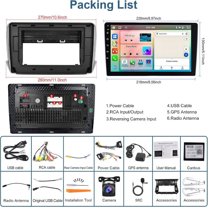 Podofo Autoradio für Peugeot 208/2008 2012-2018 mit Wireless Carplay Android Auto, 10.1 Zoll IPS Tou