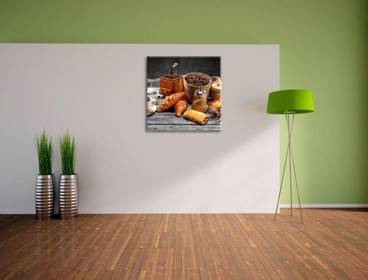 Pixxprint Aromatischer Kaffee mit Croissant als Leinwandbild/Grösse: 70x70 cm/Wandbild/Kunstdruck/fe