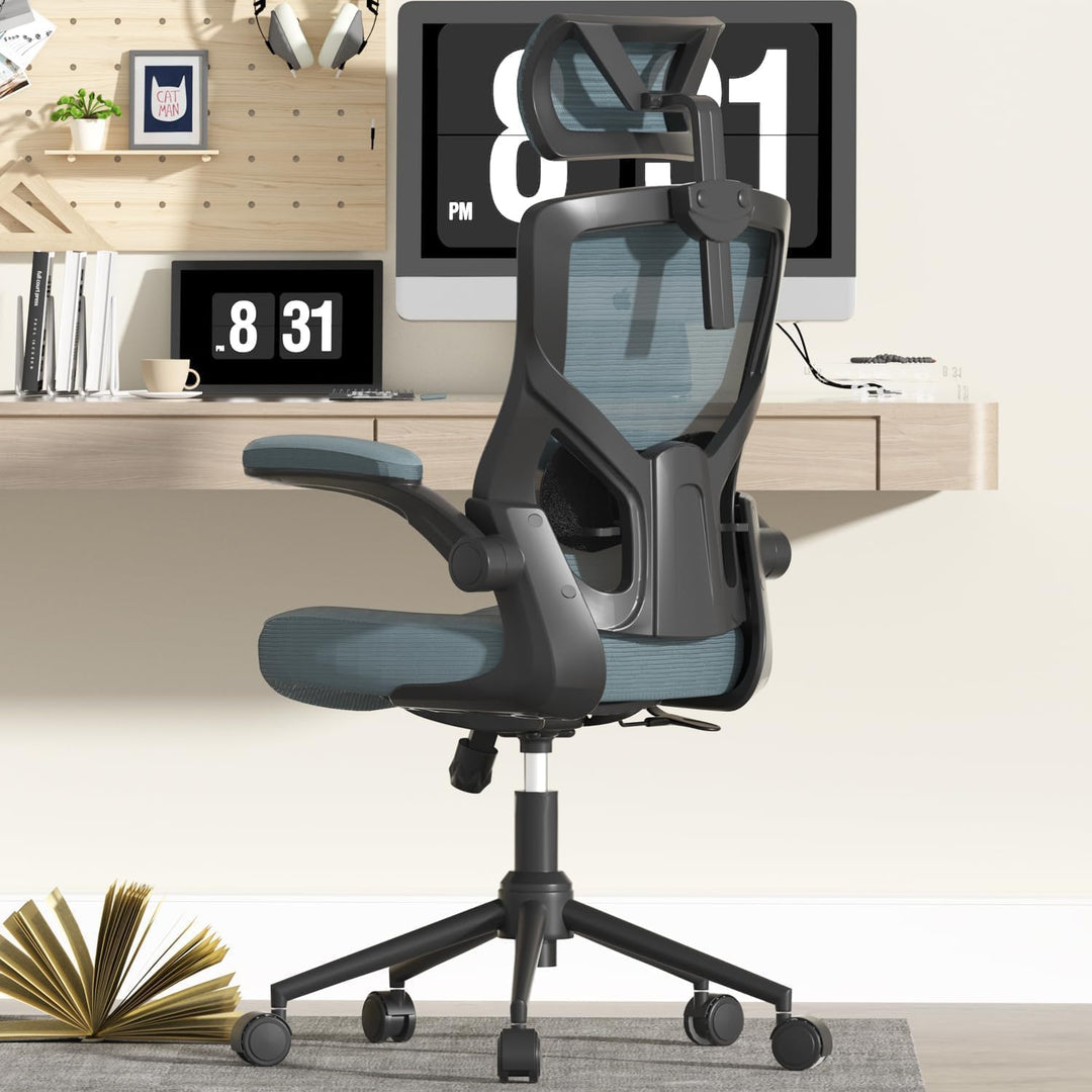 CYKOV Bürostuhl Ergonomisch, PC Stuhl mit Verstellbarer Kopfstütze &amp; Klappbaren Armlehnen, Schreibti