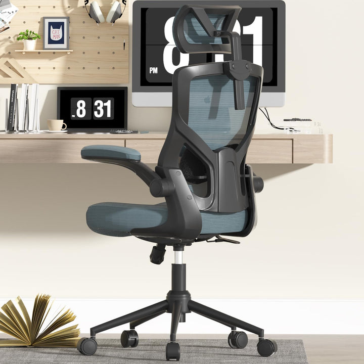CYKOV Bürostuhl Ergonomisch, PC Stuhl mit Verstellbarer Kopfstütze &amp; Klappbaren Armlehnen, Schreibti