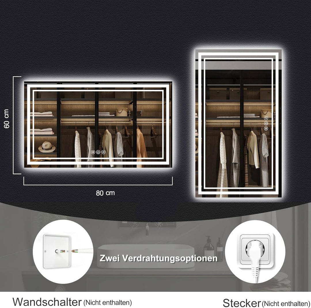 Badspiegel mit Beleuchtung, 60x80cm LED Badezimmerspiegel mit Beleuchtung, Badspiegel Mit Touch Scha