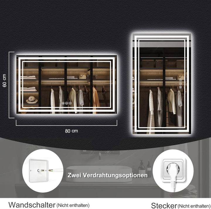 Badspiegel mit Beleuchtung, 60x80cm LED Badezimmerspiegel mit Beleuchtung, Badspiegel Mit Touch Scha