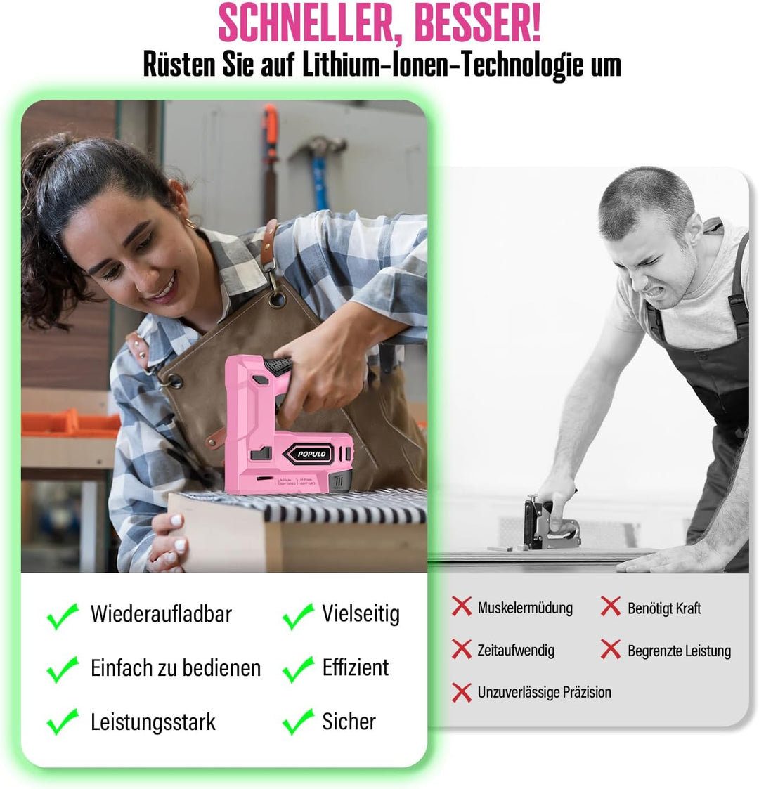 POPULO Akku Tacker, 2-in-1 Lithium-Ionen-Heftgerät, 4V Nagelgerät Set Mit Ladekabel, 2600 Heftklamme