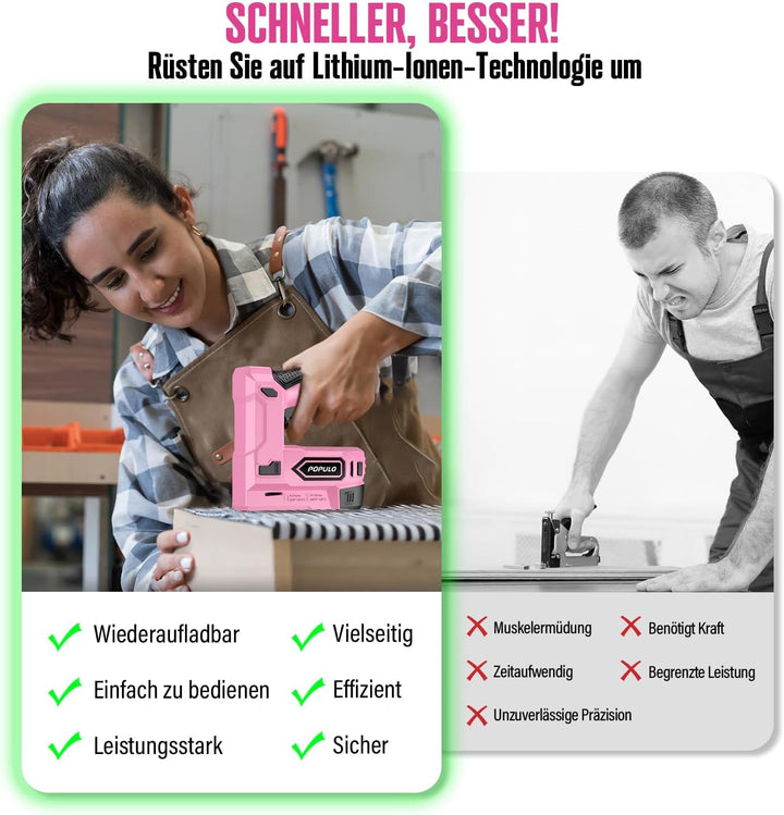 POPULO Akku Tacker, 2-in-1 Lithium-Ionen-Heftgerät, 4V Nagelgerät Set Mit Ladekabel, 2600 Heftklamme