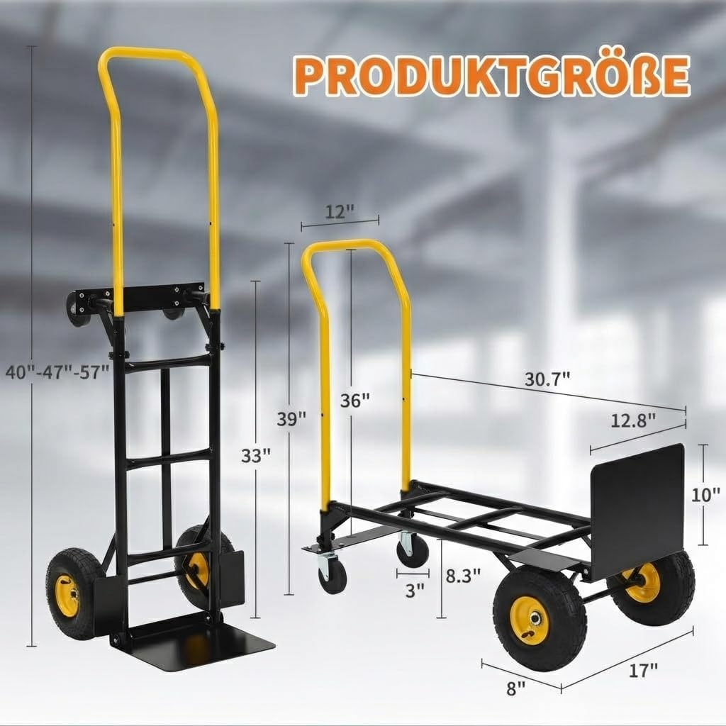 2-in-1 Transportwagen Handwagen Faltbar Mit 4 Pannensicheren Rädern, Schwerlast Tragkraft 362kg – Id