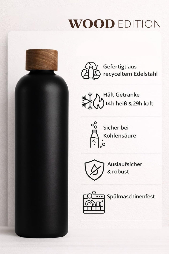 T&amp;N Edelstahl Trinkflasche 1 Liter, Thermosflasche 1l mit Akazienholz Deckel, Isolierte Wasserflasch
