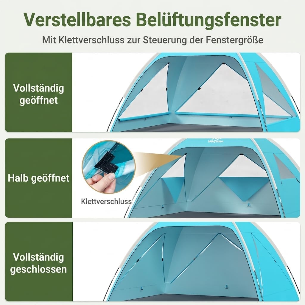 Wolfwise Strandmuschel UV Schutz, 3 Belüftungsfenster & Tragetasche, Strand Zelt mit erweiterbarem B