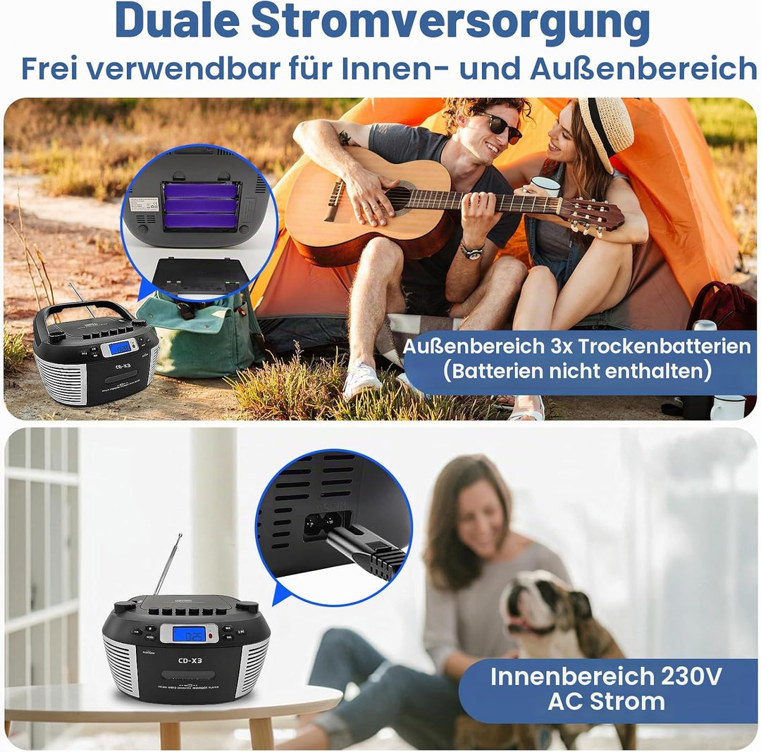 Tragbarer CD- &amp; Kassettenplayer mit Fernbedienung – Inklusive FM/AM-Radio, USB-Wiedergabe, Bluetooth