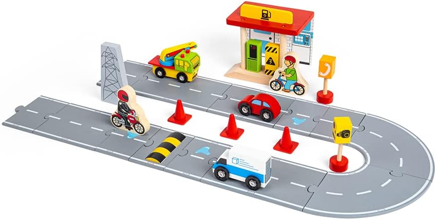 Bigjigs Rail Roadway Car Accessory Pack - 25 Piece Wooden Car Track Accessories with Vehicles, Road