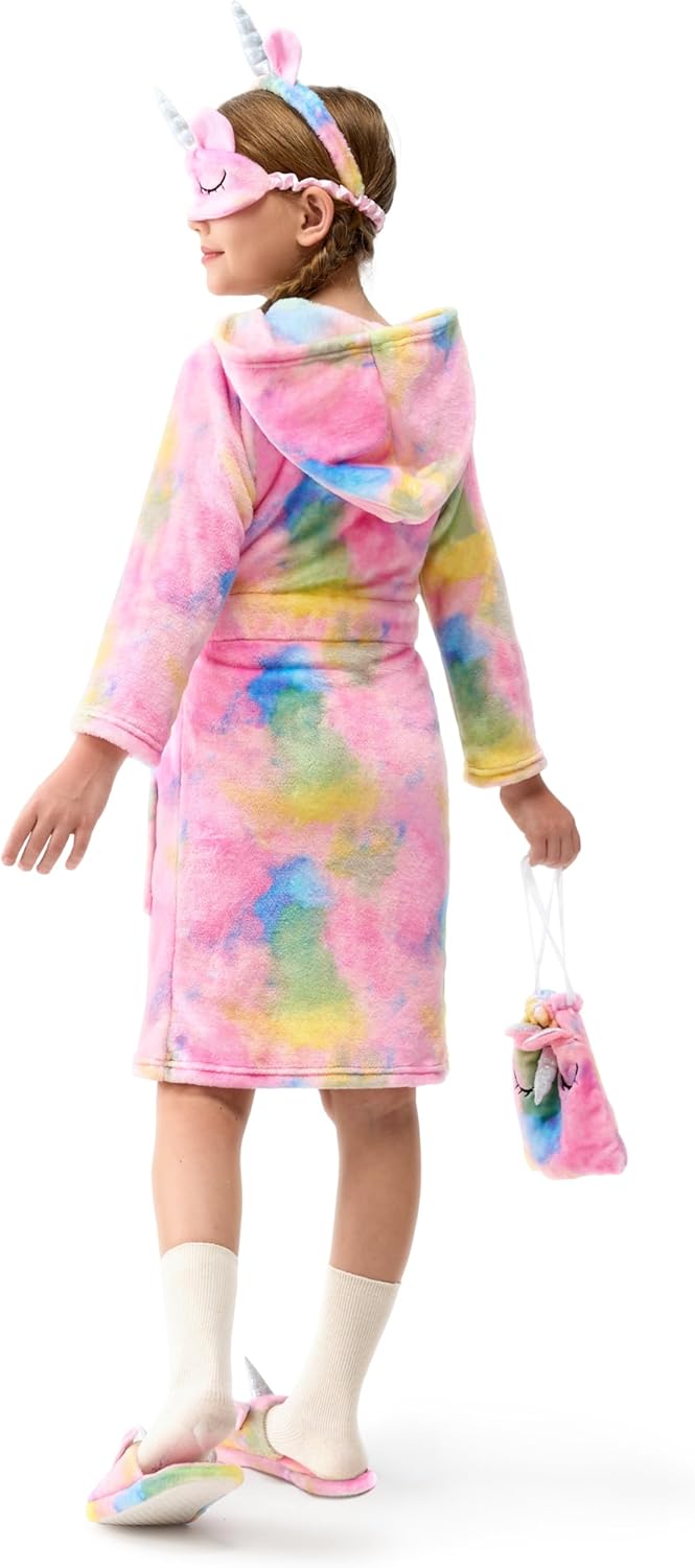 JOYIN Einhorn Bademantel Kinder mit Kapuze Nachtwäsche mit Augenbinde, Tasche, Hausschuhe und Stirnb