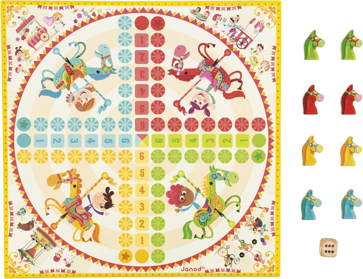 Janod - Carrousel Multi-Games Box Set - Classic Family Games - Draughts game, Ludo, Yellow Dwarf, 7