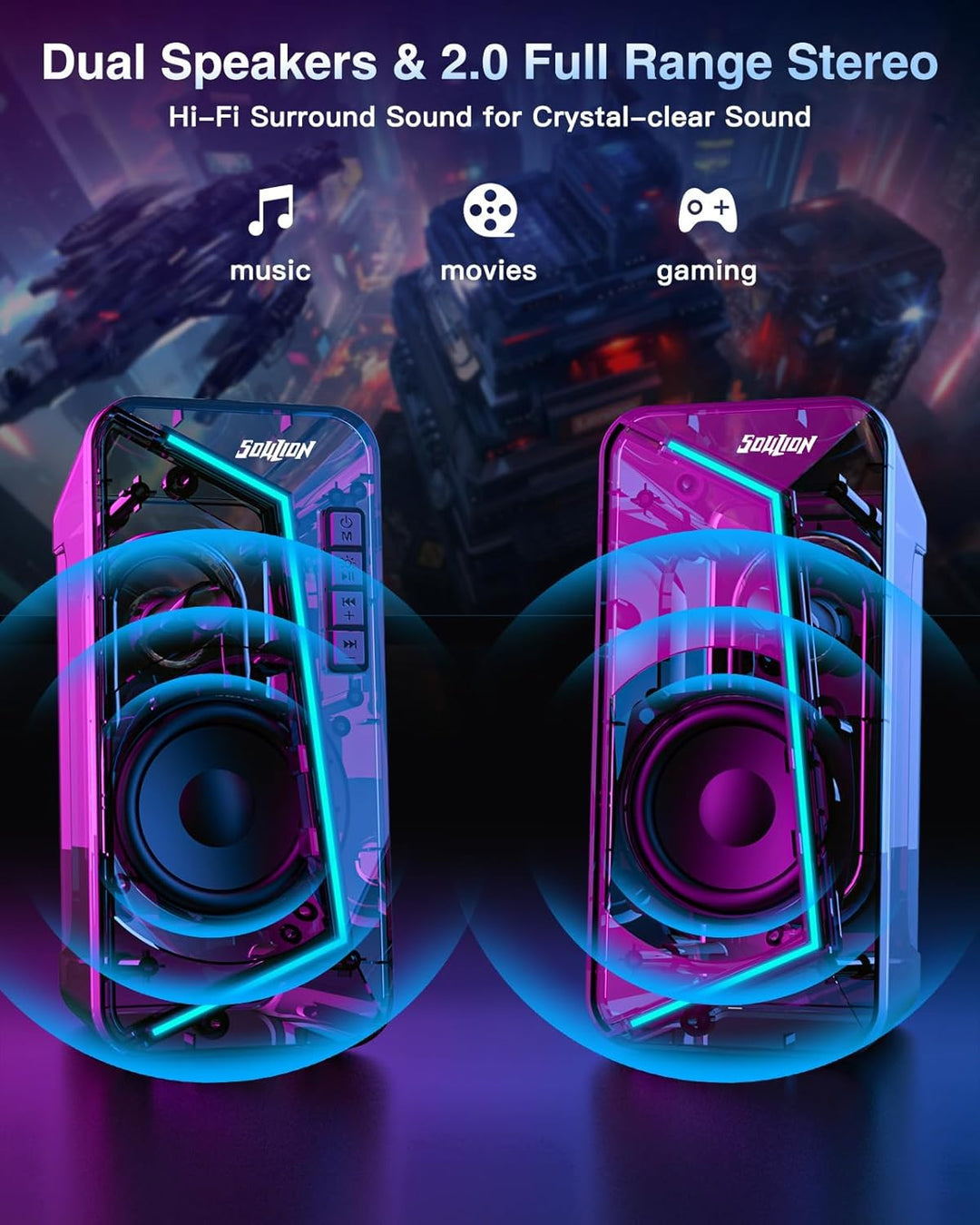SOULION R40 Computer Lautsprecher, 2.0 USB-betriebene PC Lautsprecher, RGB Beleuchtung Lautsprecher