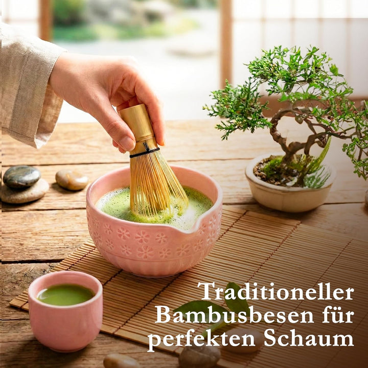 Matcha Set, Keramik Matcha Tee Set Mit Schale, Bambusbesen, Löffel, Sieb, Löffelablage, Besenhalter,