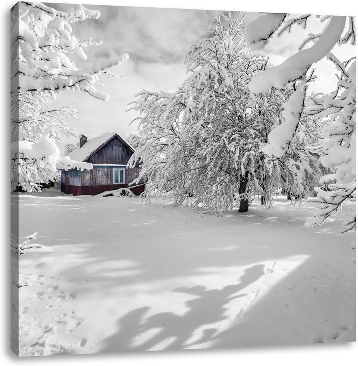 Pixxprint einsame Hütte in schöner Winterlandschaft schwarz/weiss, Format: 70x70 auf Leinwand, 70x70