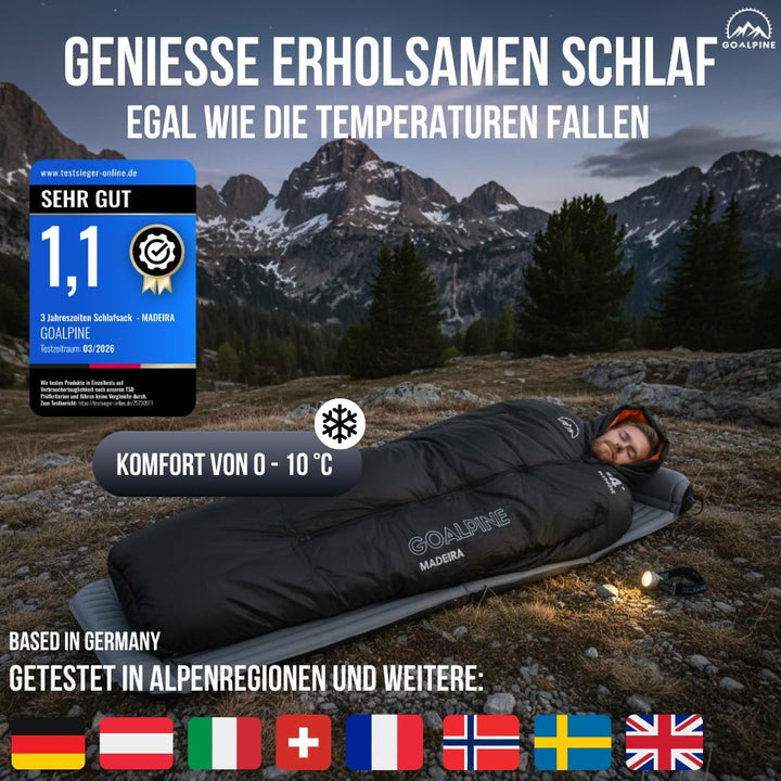 GOALPINE® Madeira Schlafsack für grosse Personen | 4 Jahreszeiten | mit Armöffnung | 400 GSM 0-10 Gr