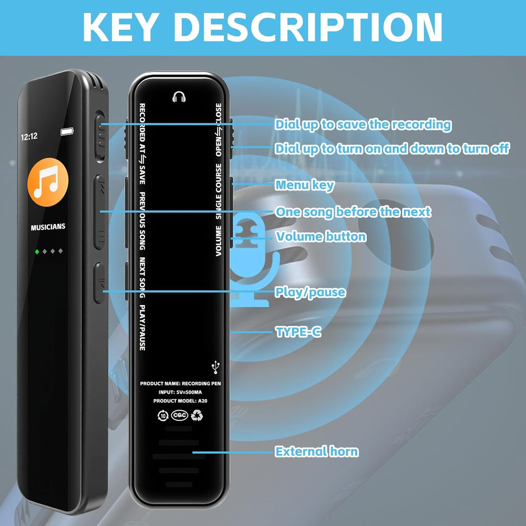 Diktiergerät Mini 64GB, Aufnahmegerät, Digitales Diktiergerät Mit Rauschunterdrückung, Audio Recorde
