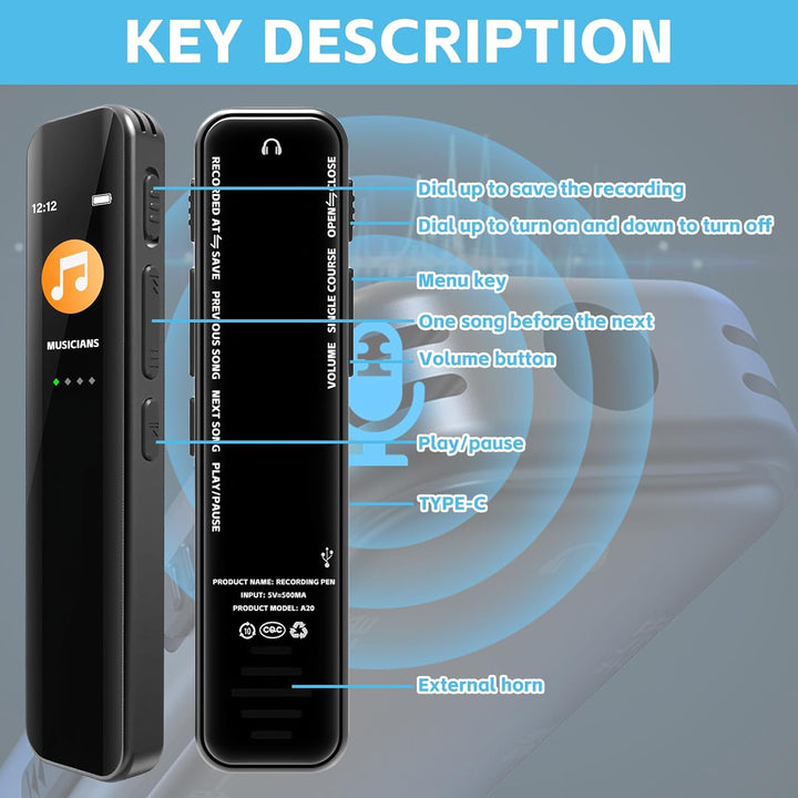 Diktiergerät Mini 64GB, Aufnahmegerät, Digitales Diktiergerät Mit Rauschunterdrückung, Audio Recorde