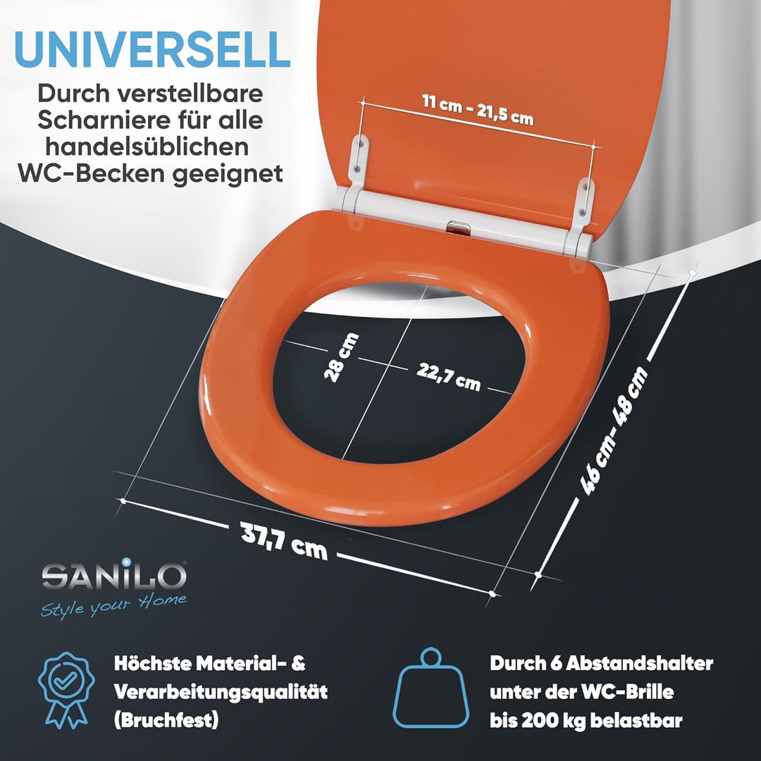 WC Sitz mit Absenkautomatik, hochwertige Oberfläche, einfache Montage, stabile Scharniere, Orange