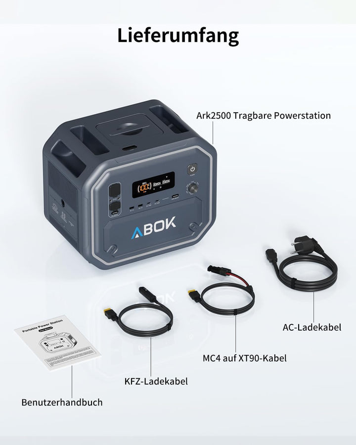ABOK Ark2500 Tragbare Powerstation, 2160Wh LiFePO4, 2500W AC, USV & App, Solargenerator mit AC+Solar