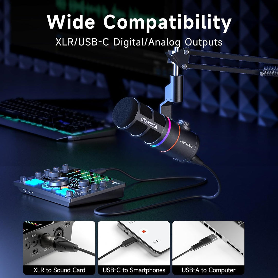 COMICA EJoy D10 Pro Mikrofon Cardioid Dynamisches USB-C/XLR Mikrofon mit 48kHz/24bit, RGB-Beleuchtun