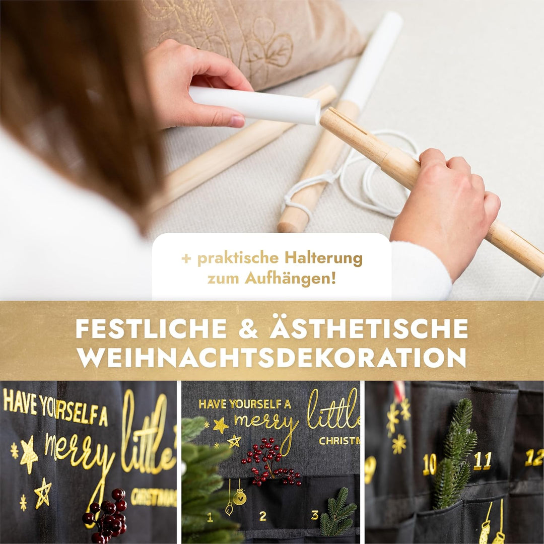 AMARI ® Adventskalender zum Befüllen Schwarz/Gold - XXL Wandkalender (70 x 130 cm) mit 24 Fächern zu