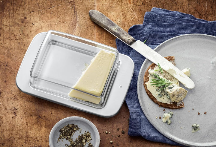 WMF loft Brunch Butterdose Edelstahl 11,5 x 16,8 cm, mit Kunststoffhaube, Cromargan Edelstahl mattie