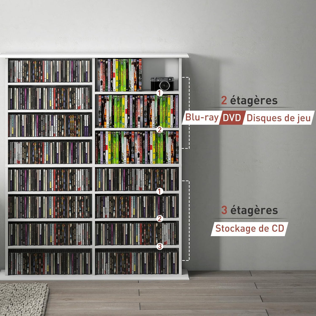 HOMCOM CD- und DVD-Aufbewahrung, Multimedia-Aufbewahrungsmöbel mit 16 Fächern und 12 verstellbaren R