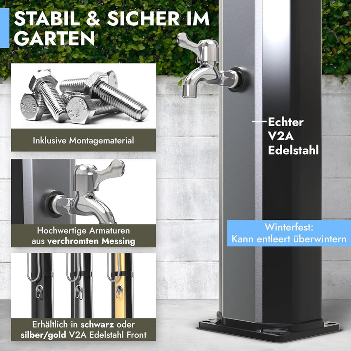 dirks-traumbad Solardusche Gartendusche 35 Liter mit Wasserhahn Schwarz für Garten Warm Kalt Dusche