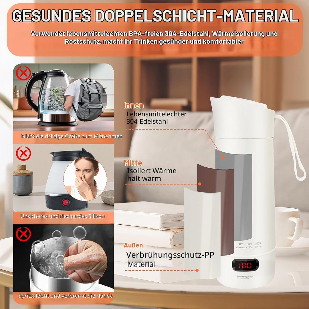 Elektrischer Tragbarer Schnelles Kochwasse Wasserkocher Klein,400 ml Mini Reisewasserkocher,304 Stai